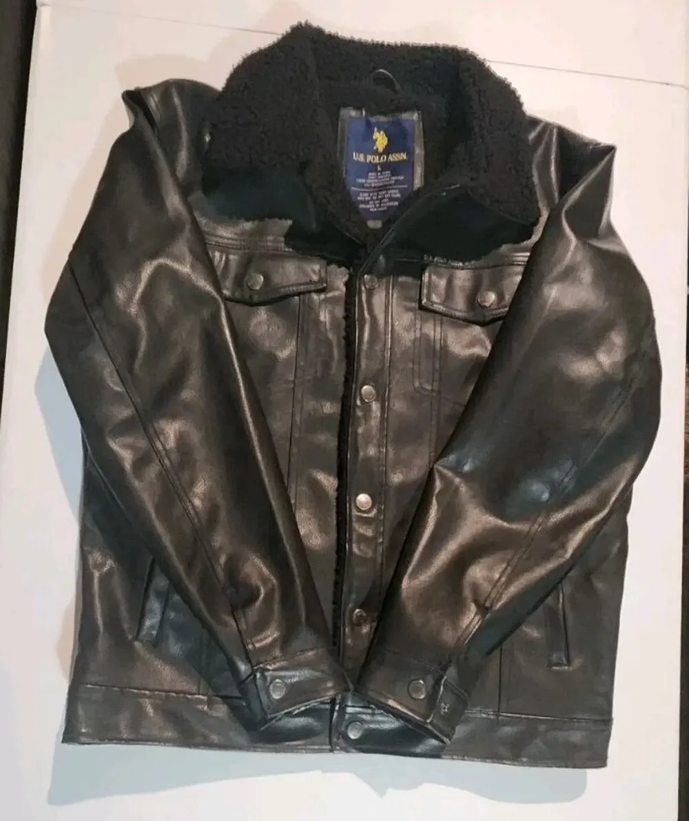 U.S. POLO MEN'S BLACK FAUX LEATHER MOTORCYCLE SHERPA PVC COAT JACKET SIZE L